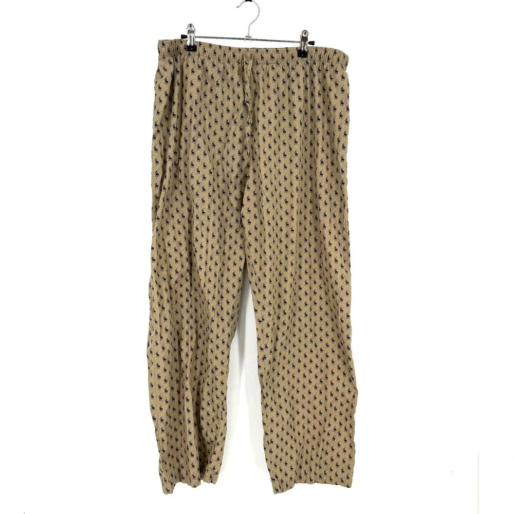 Polo Ralph Lauren Mens Pajama Pants Tan Navy Blue Pony All Over Print Cotton L